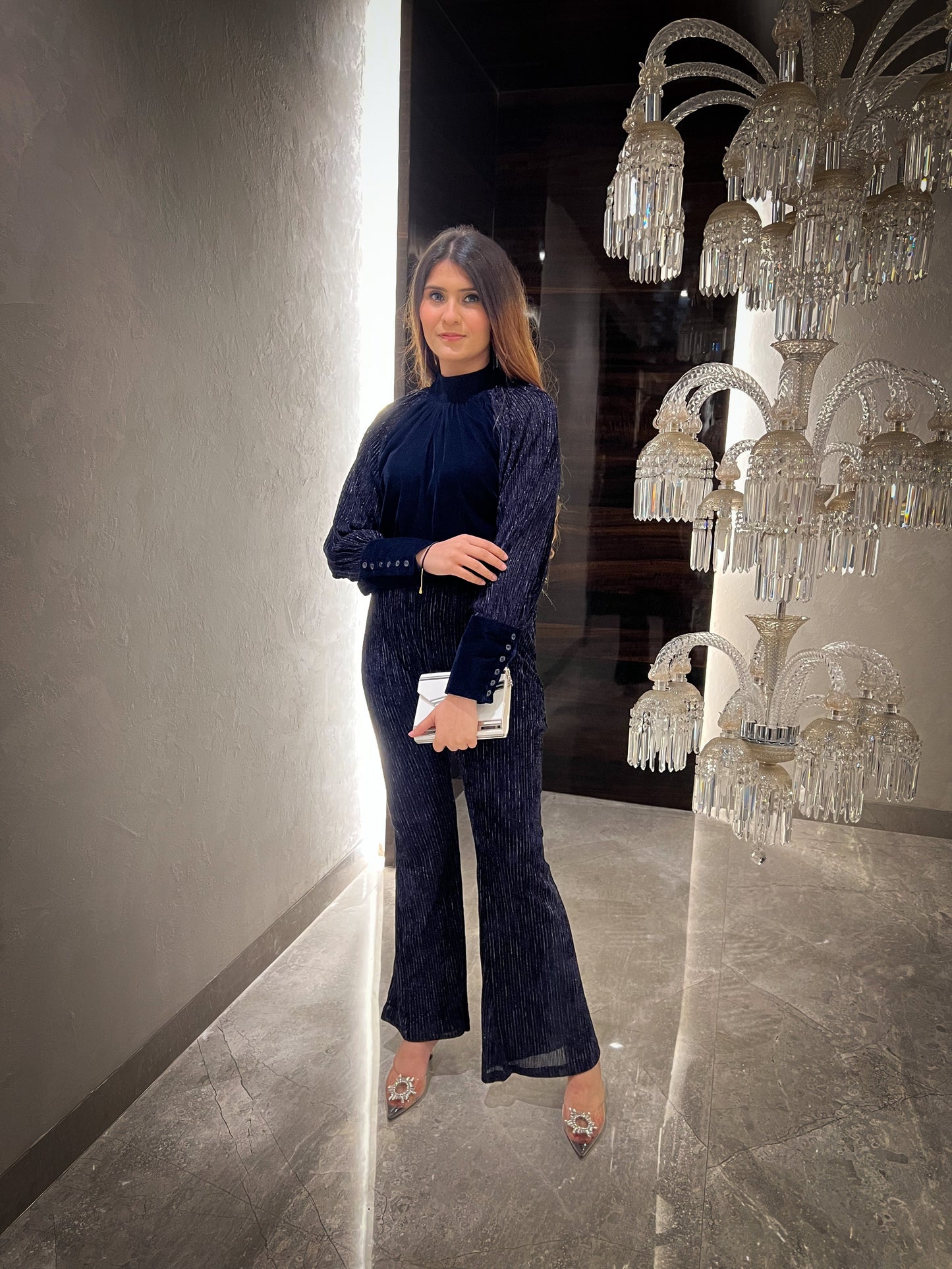 Sapphire Lurex Velvet Raglan Sleeve Top with Lurex velvet Flared Pants - Set of 2