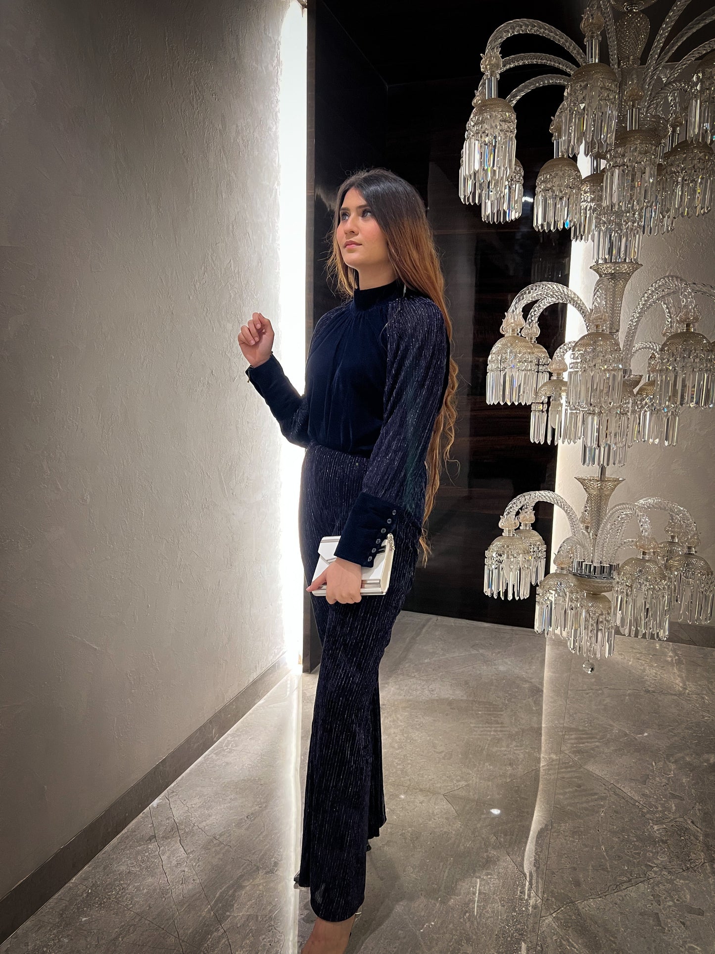 Sapphire Lurex Velvet Raglan Sleeve Top with Lurex velvet Flared Pants - Set of 2