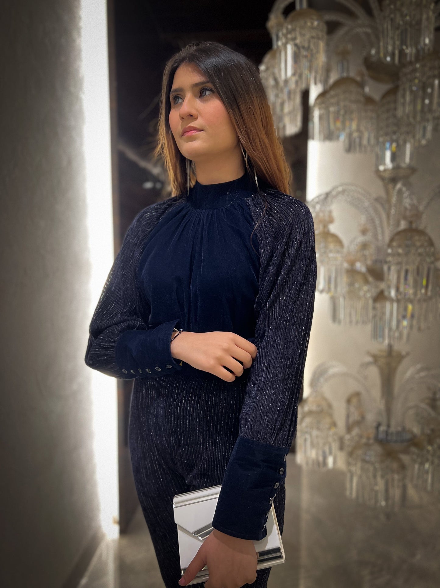 Sapphire Lurex Velvet Raglan Sleeve Top with Lurex velvet Flared Pants - Set of 2