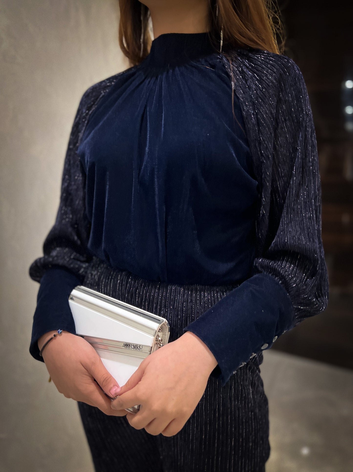 Sapphire Lurex Velvet Raglan Sleeve Top with Lurex velvet Flared Pants - Set of 2