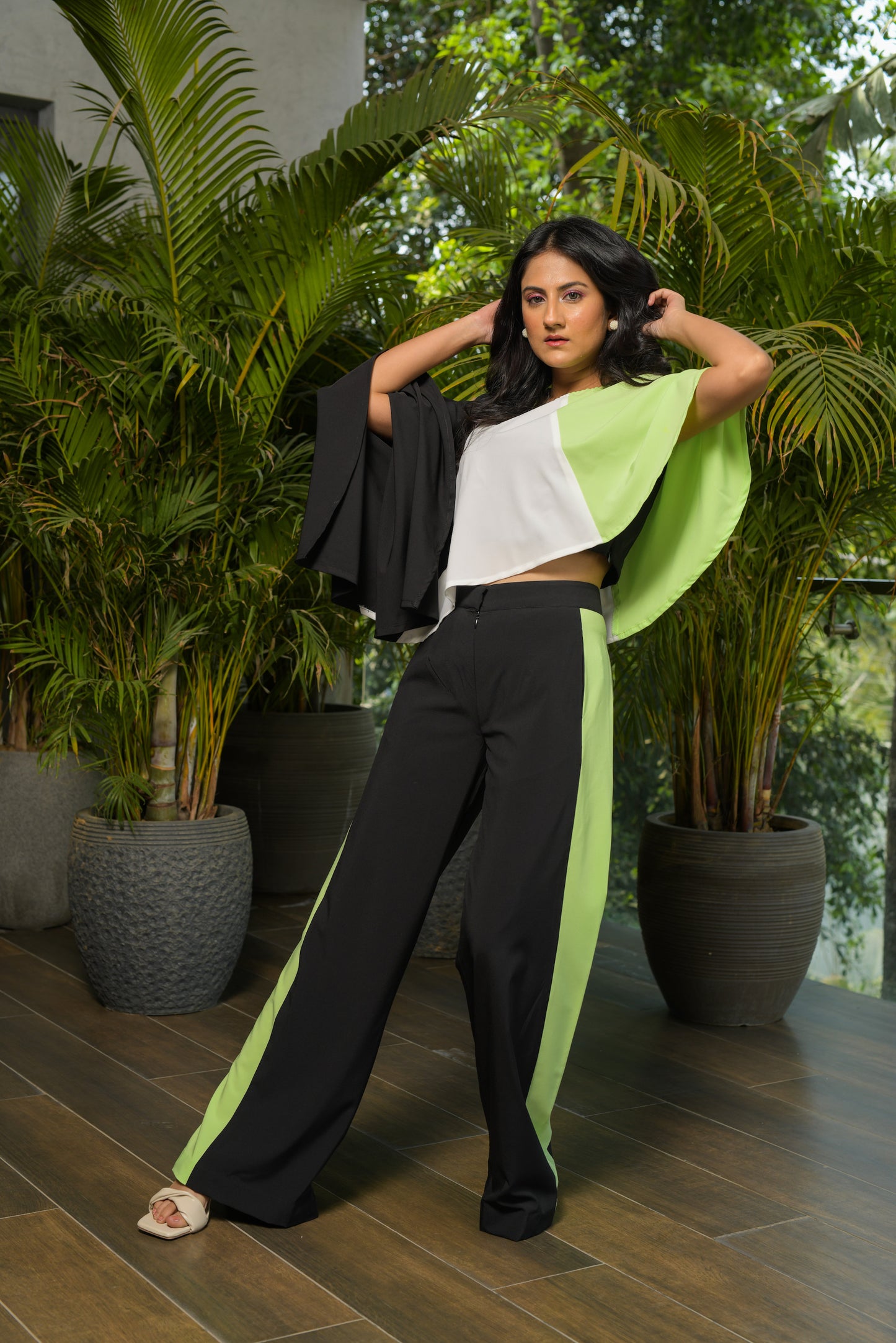 Bonica Colour Block Cape with Straight fit Trousers and Camisole - Set of 3