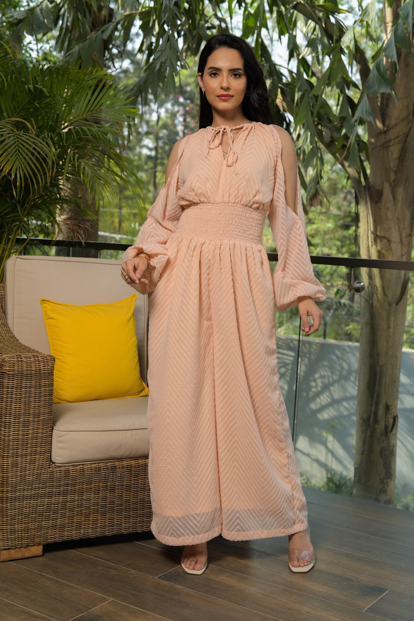 Sarah Textured Georgette Smocked Waist Jumpsuit