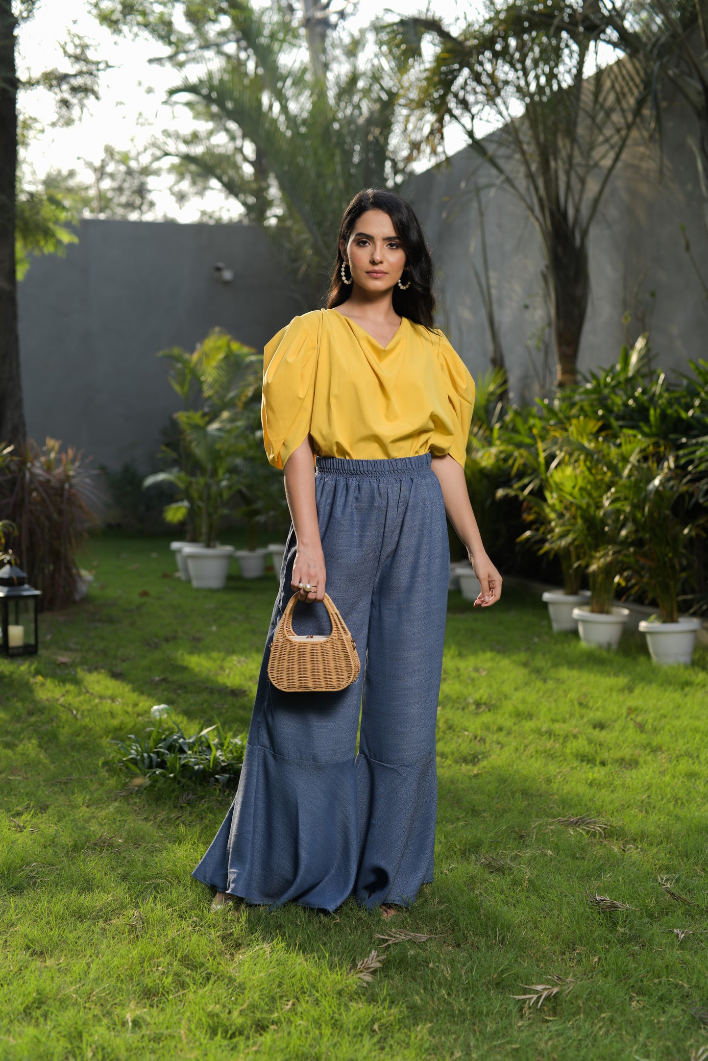 Glorina Draped Cowl Top with Printed Wide Leg Trousers - Set of 2