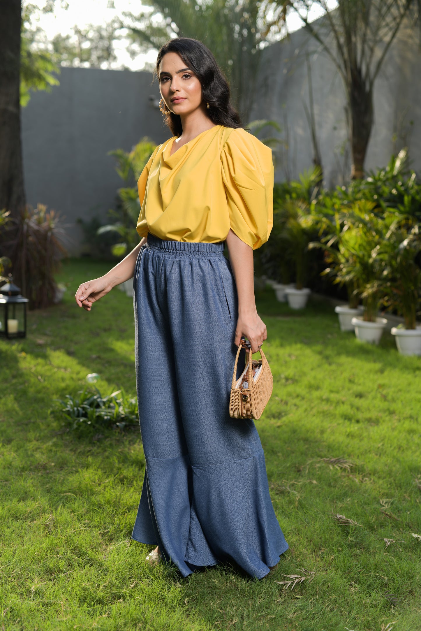 Glorina Draped Cowl Top with Printed Wide Leg Trousers - Set of 2