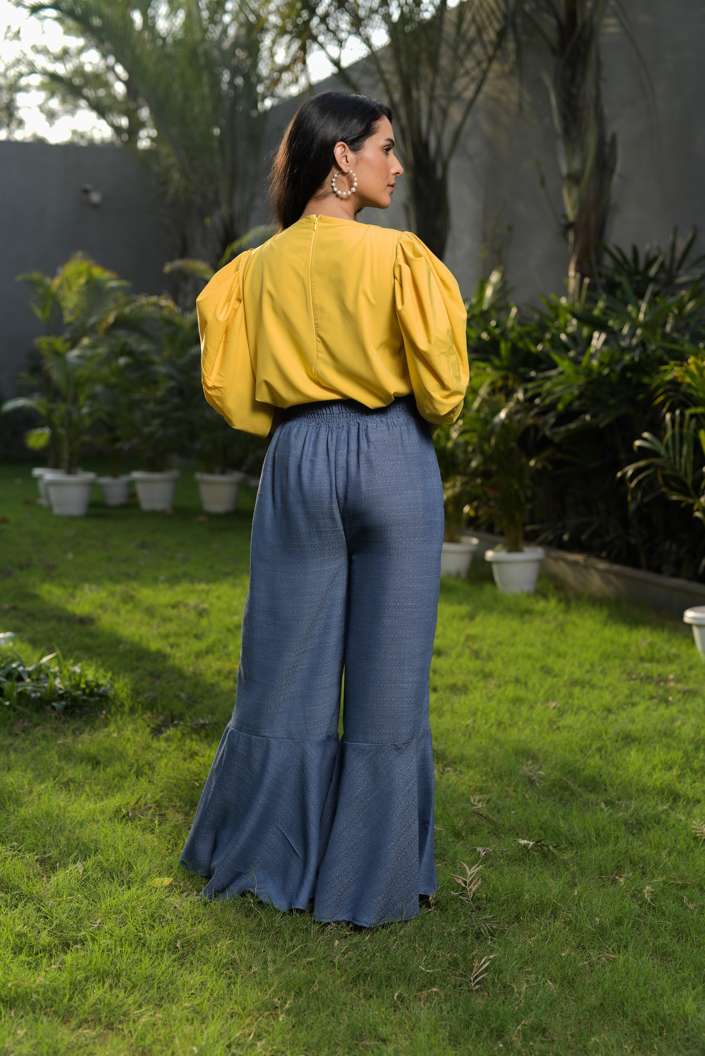 Glorina Draped Cowl Top with Printed Wide Leg Trousers - Set of 2