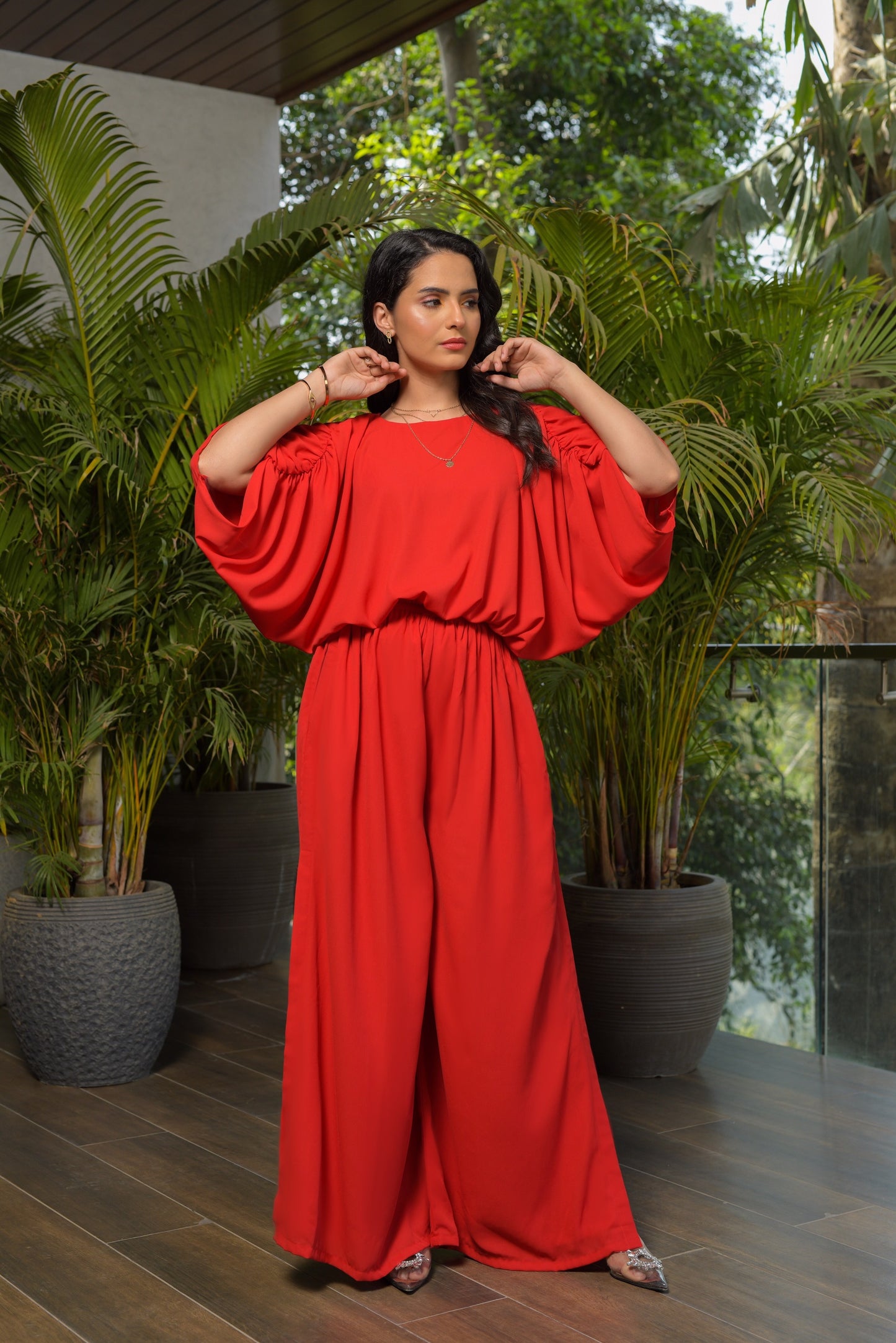 Fiona Dolman Sleeve Gathered Top and Wide leg Pants with Slit - Set of 2