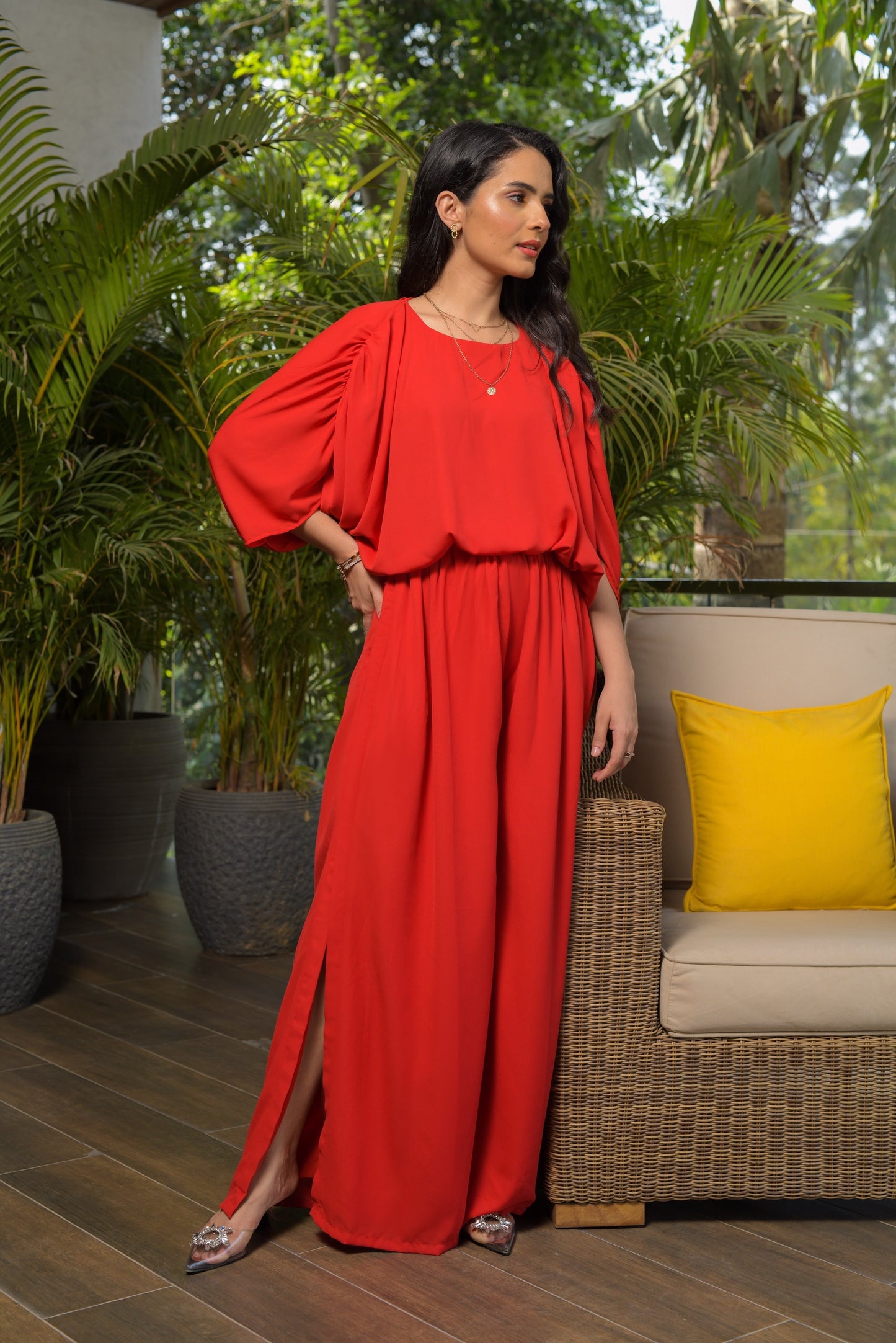 Fiona Dolman Sleeve Gathered Top and Wide leg Pants with Slit - Set of 2