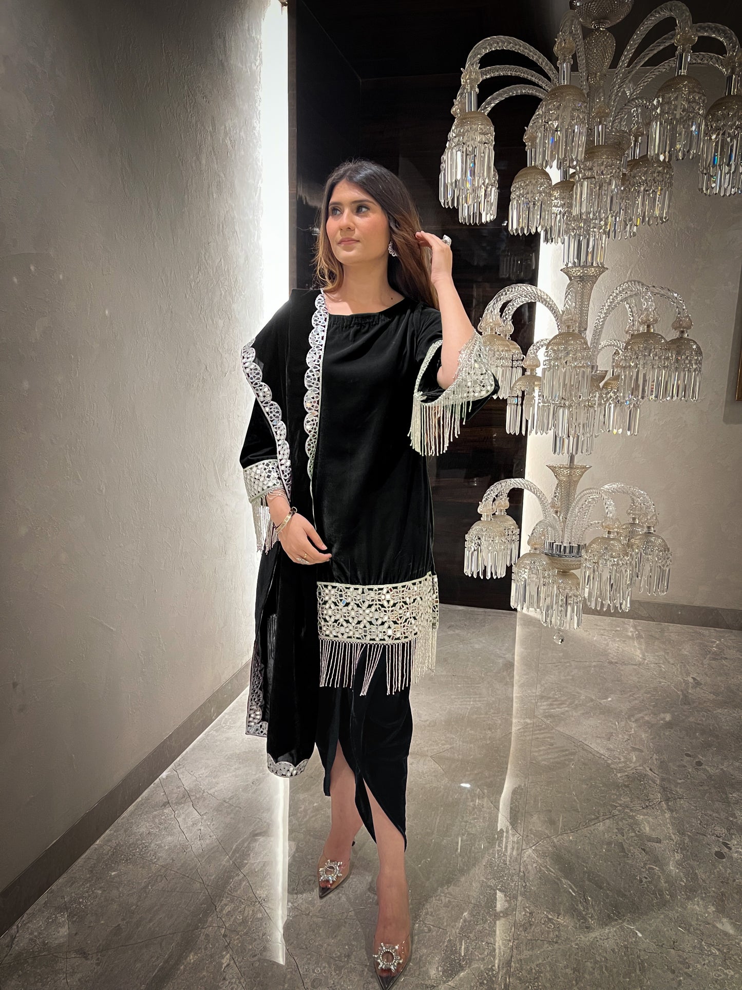 Gul Velvet mirror work A-line Kurta with Tulip Pants and Velvet Stole