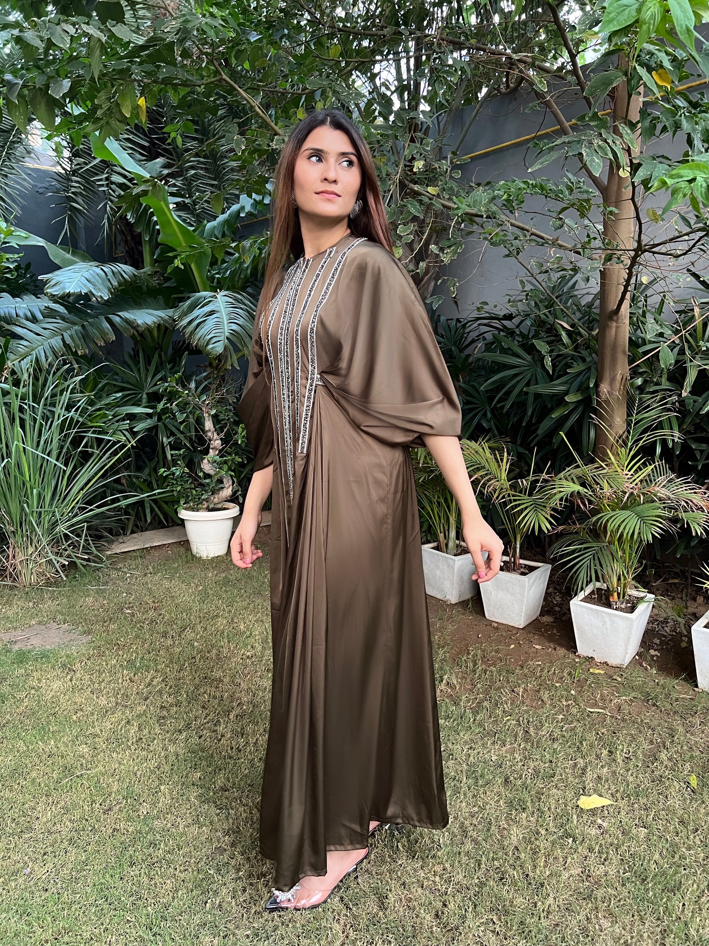 Fiza Satin Draped Sleeves Kaftan-like Floor Length Dress