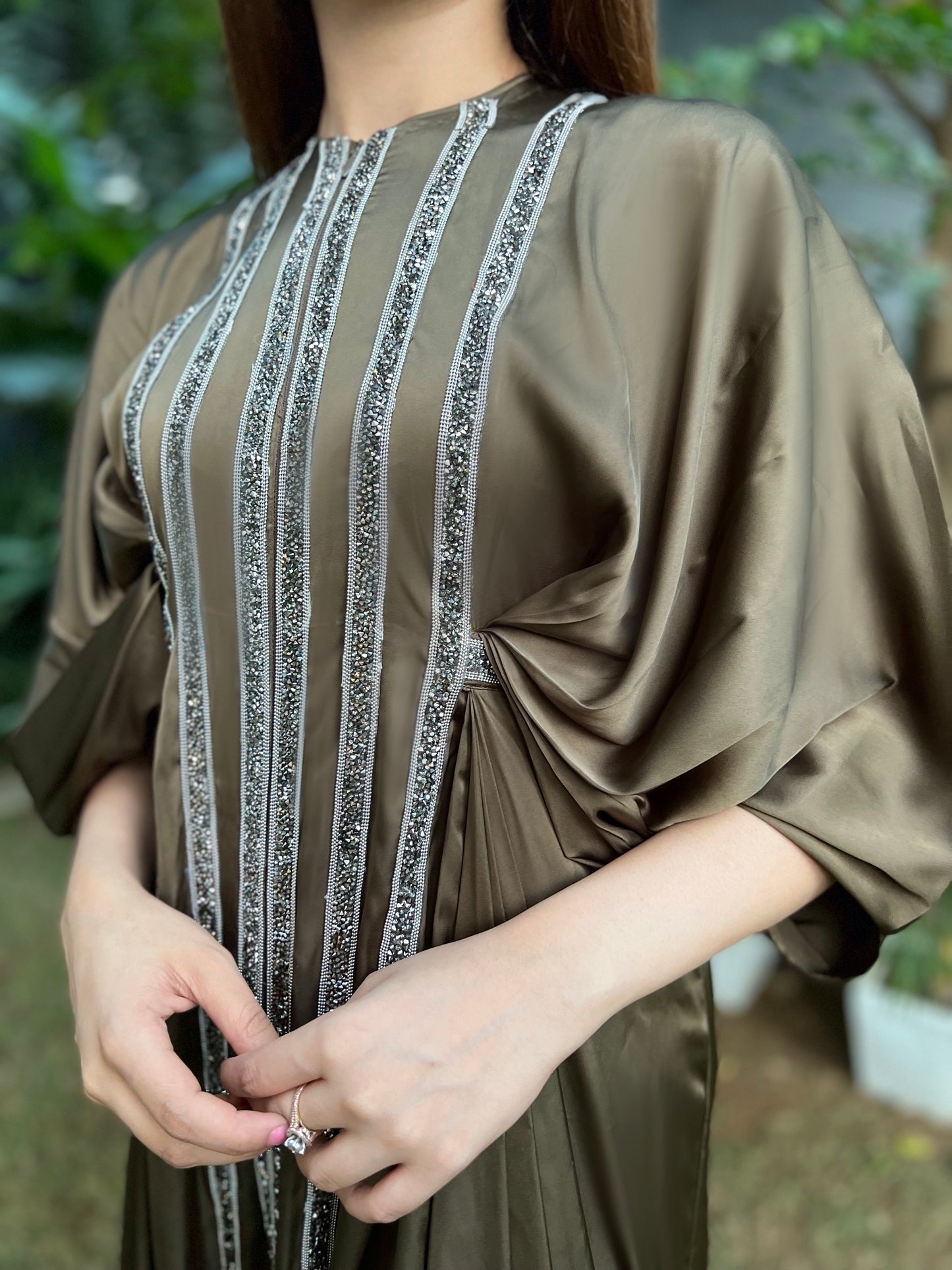 Fiza Satin Draped Sleeves Kaftan-like Floor Length Dress