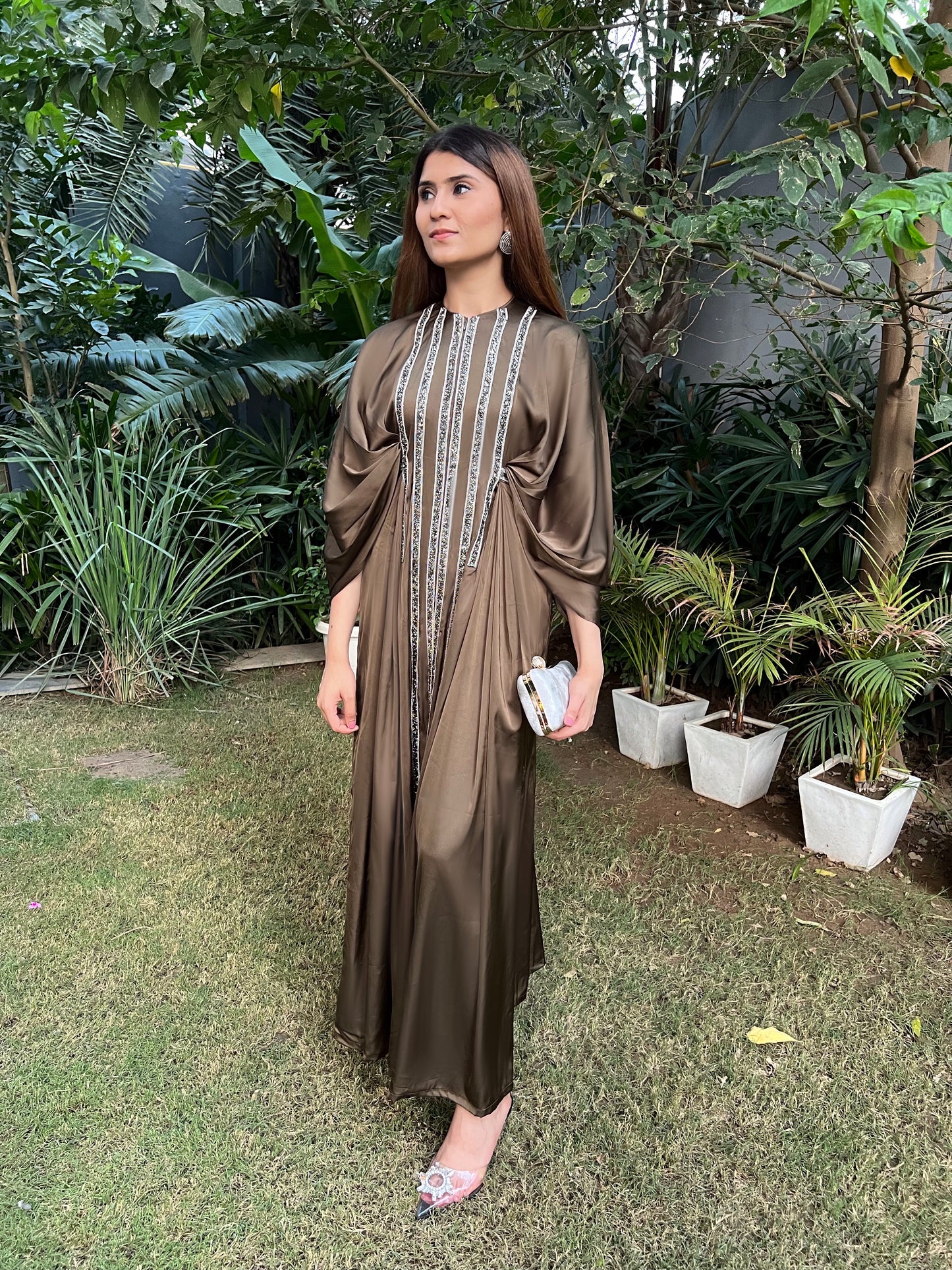 Fiza Satin Draped Sleeves Kaftan-like Floor Length Dress