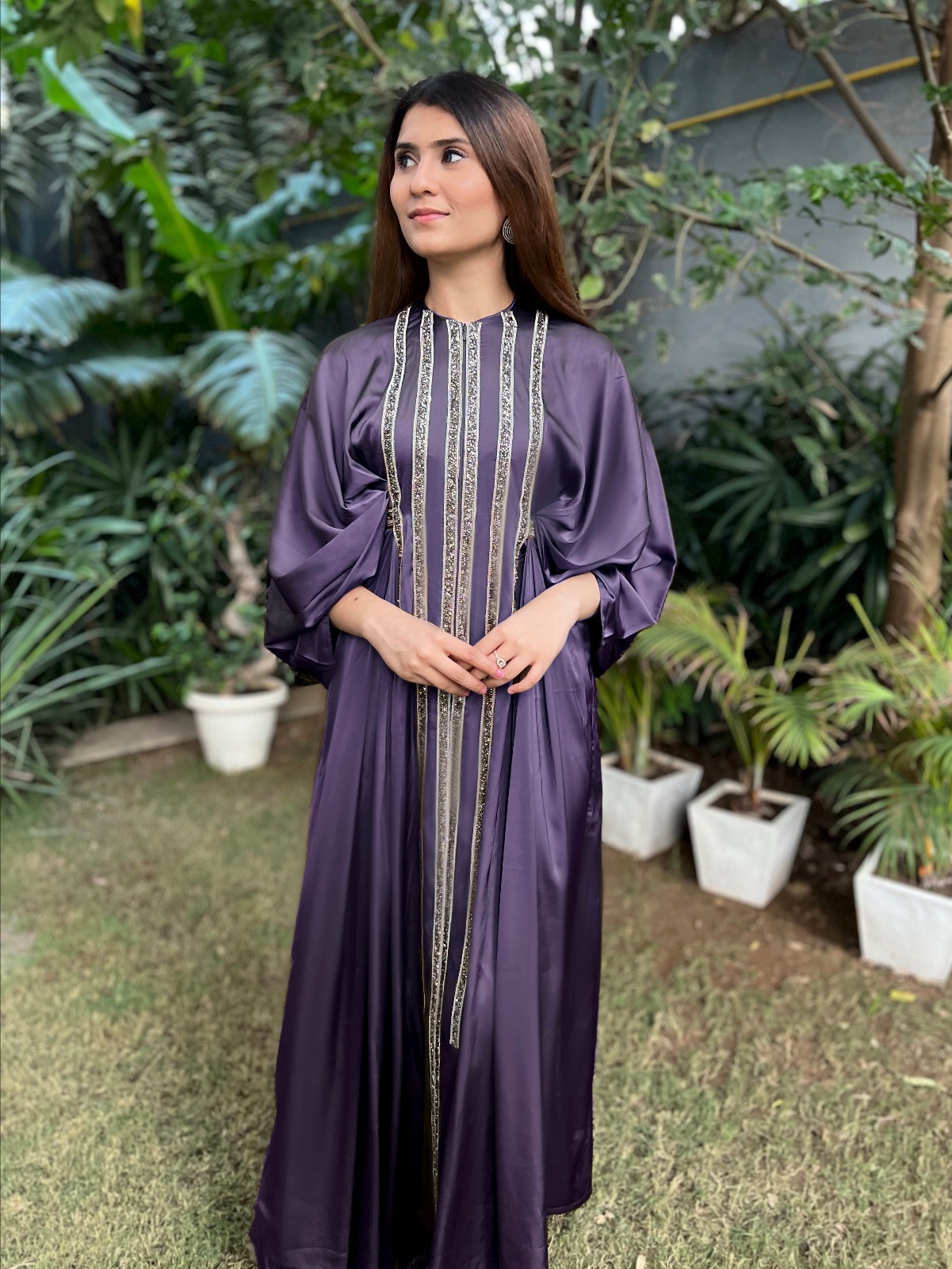 Fiza Satin Draped Sleeves Kaftan-like Floor Length Dress