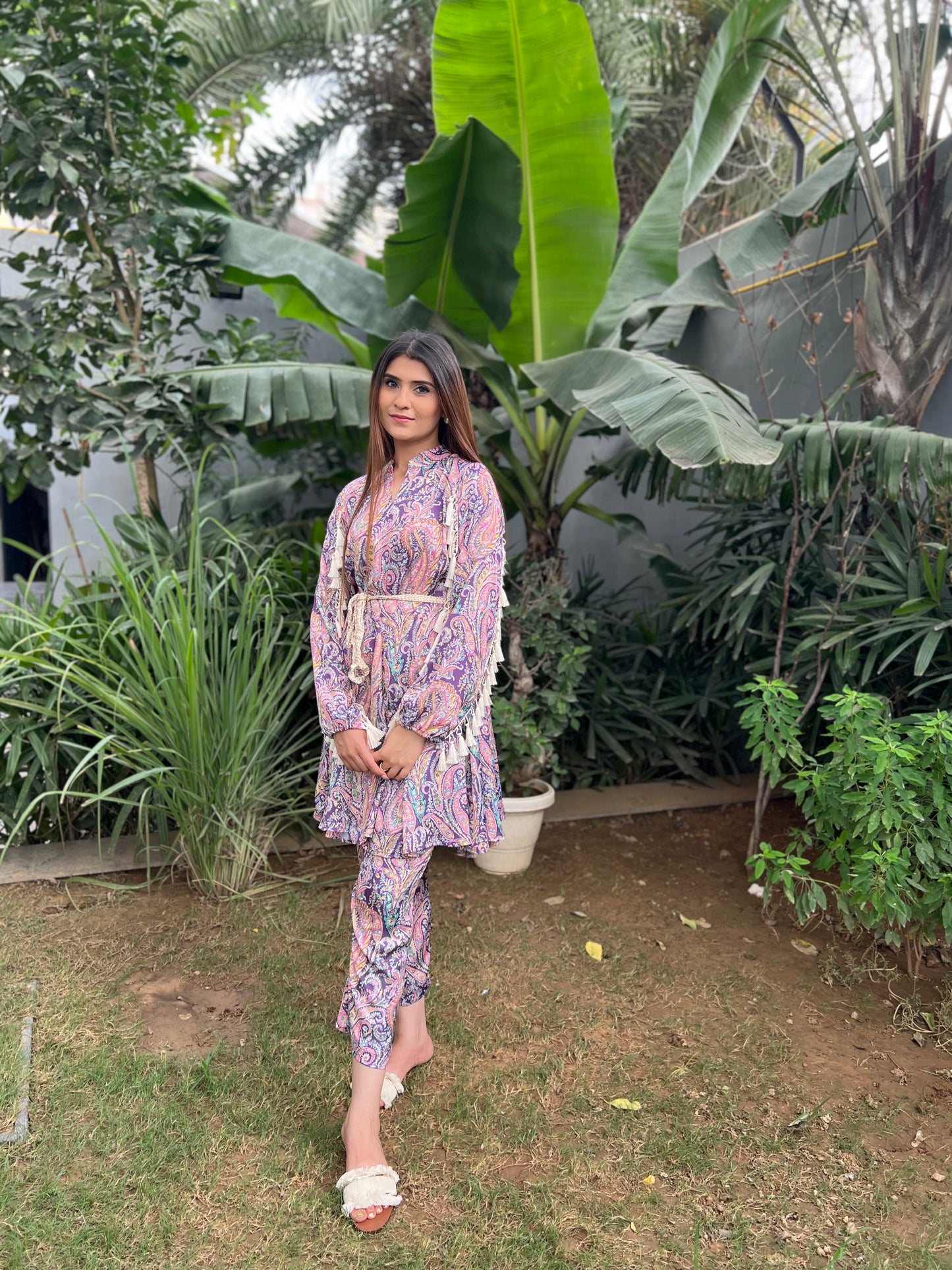 Zarah Vibrant Printed Viscose Crepe Anarkali-like Kurta with Straight fit Pants and Braided Belt - Set of 3
