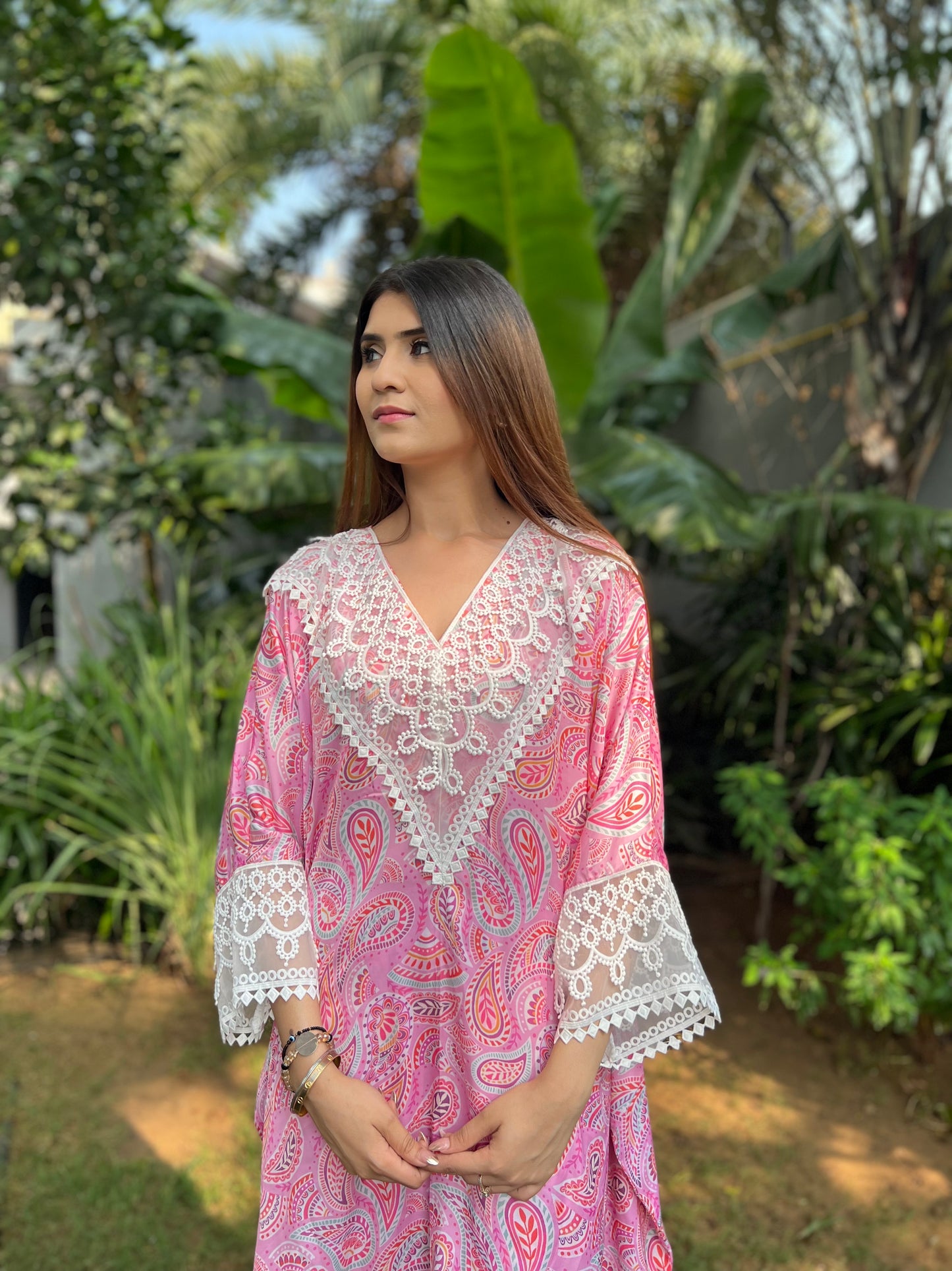 Maira Kaftan Shirt in Printed Viscose Crepe with Organza detailed Palazzo Pants - Set of 2