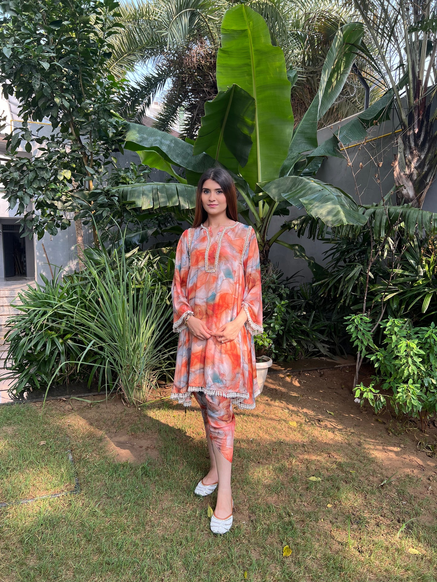 Rehmat Tangerine Marble Printed Flared Kurta with Tulip Pants - Set of 2
