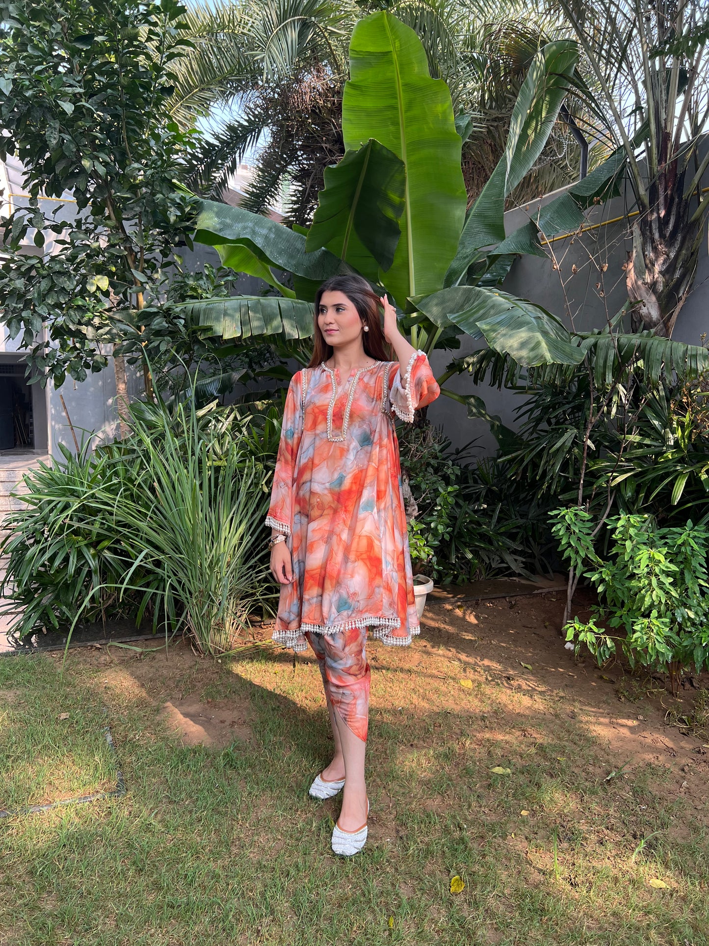Rehmat Tangerine Marble Printed Flared Kurta with Tulip Pants - Set of 2