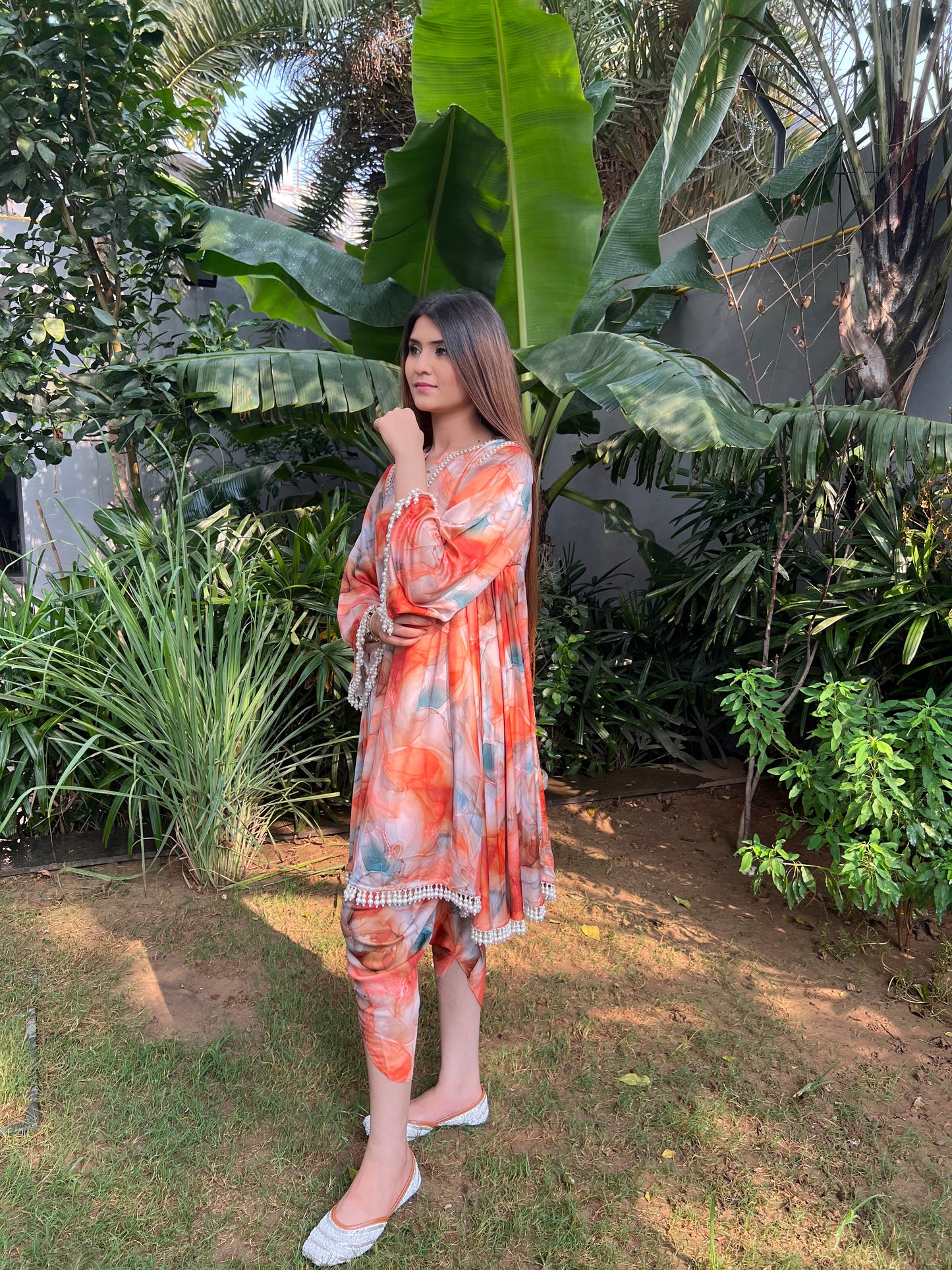 Rehmat Tangerine Marble Printed Flared Kurta with Tulip Pants - Set of 2