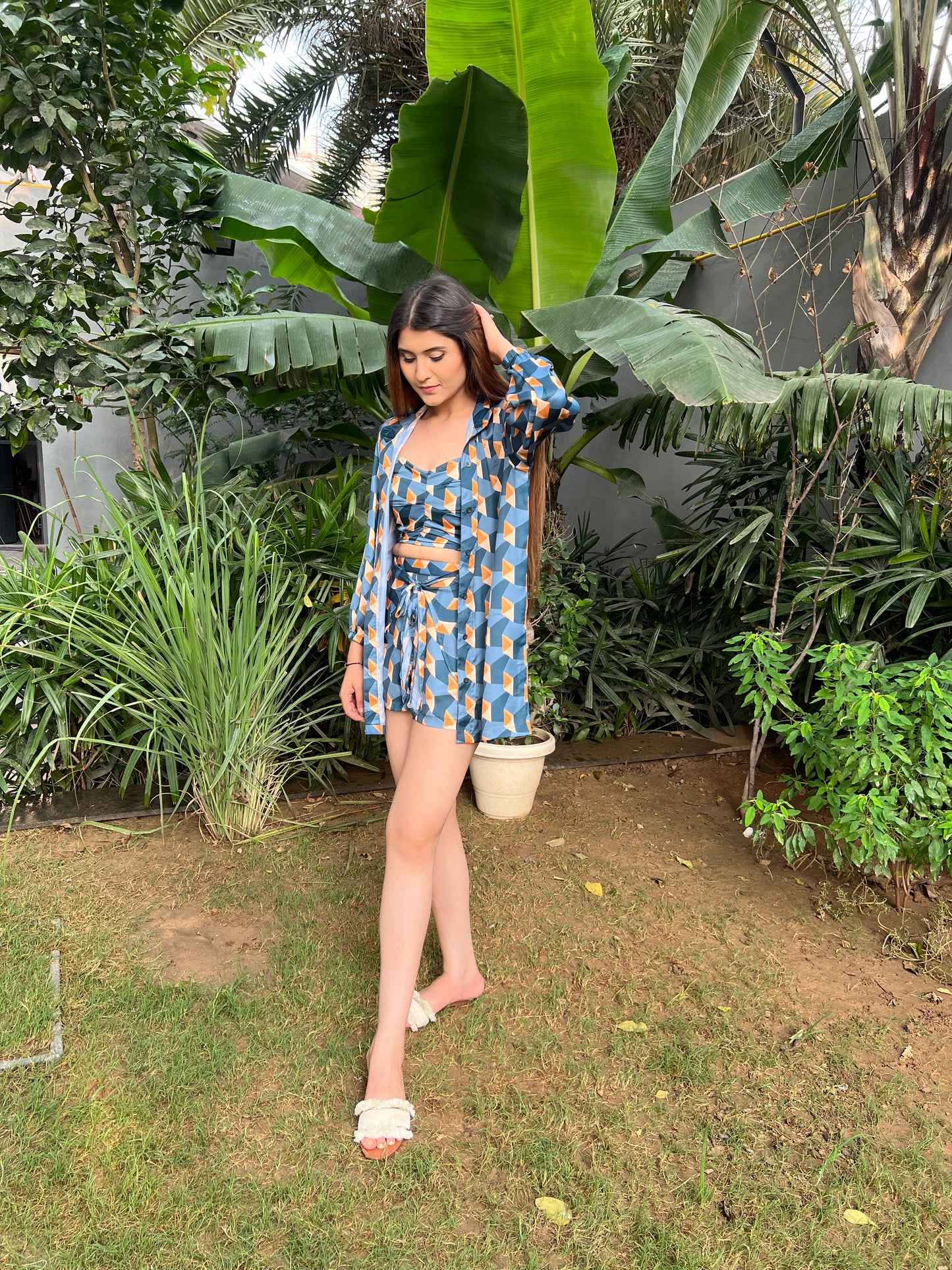 Stella Relaxed fit Shirt, Bustier with Tie Detailing Shorts in Printed Viscose Crepe - Set of 3