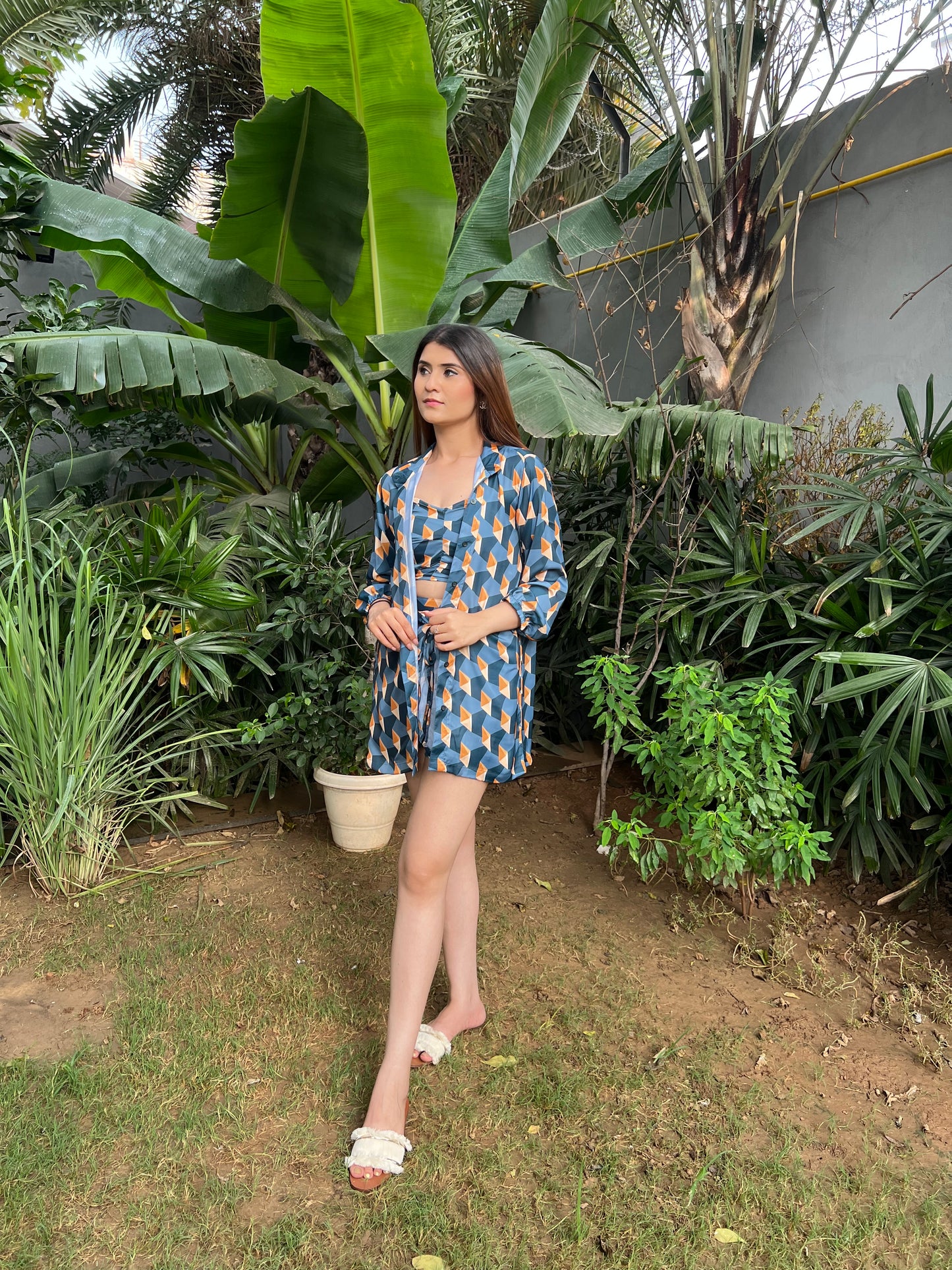 Stella Relaxed fit Shirt, Bustier with Tie Detailing Shorts in Printed Viscose Crepe - Set of 3