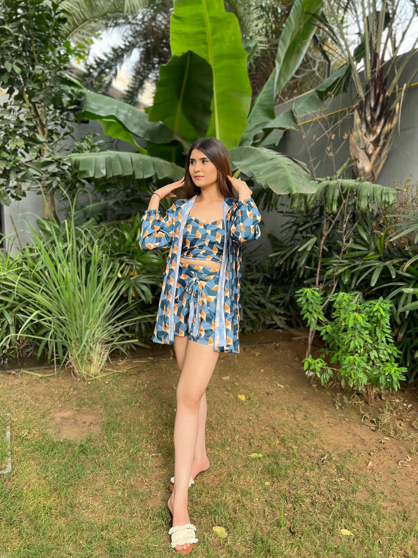 Stella Relaxed fit Shirt, Bustier with Tie Detailing Shorts in Printed Viscose Crepe - Set of 3
