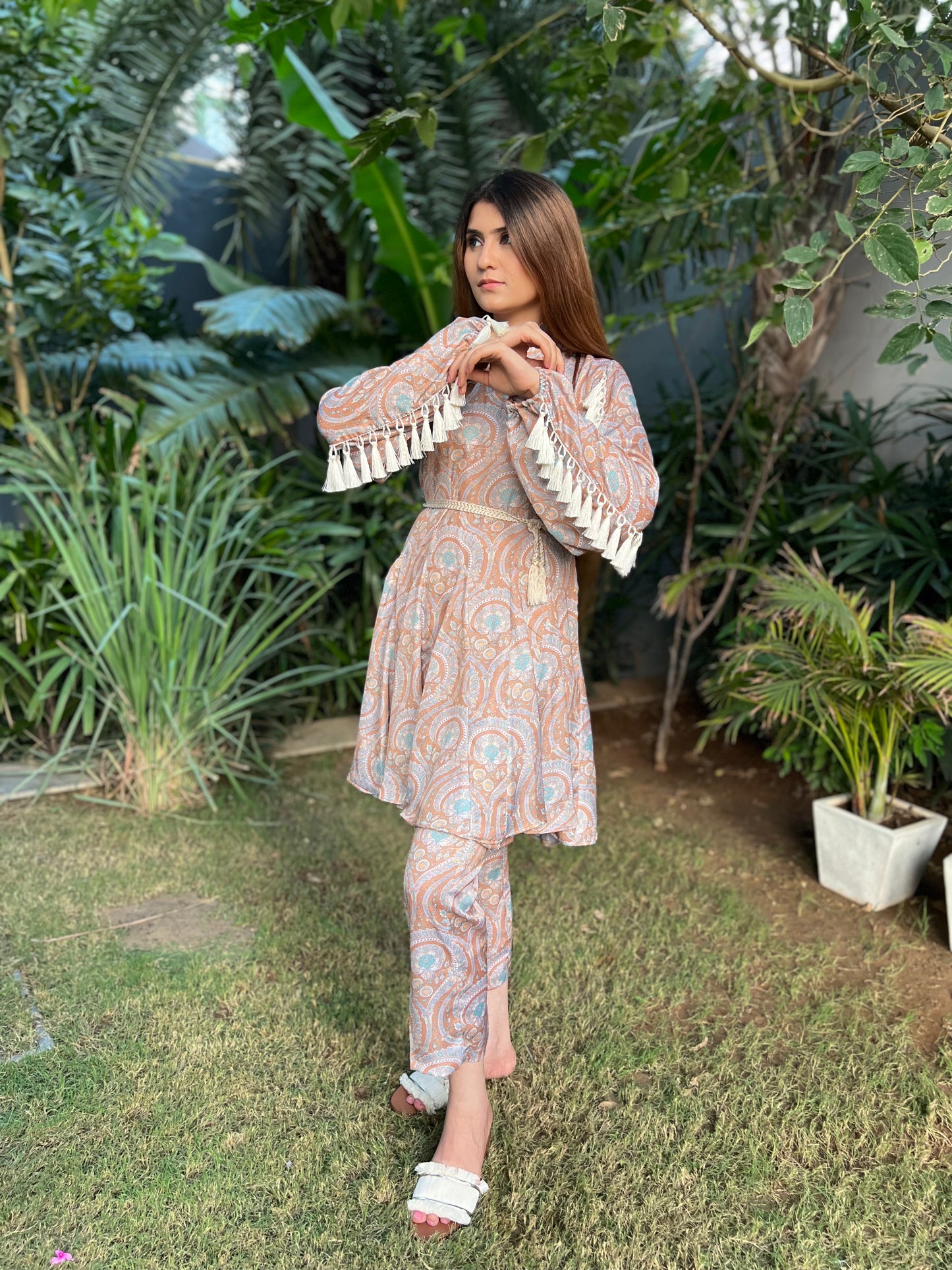 Zarah Vibrant Printed Viscose Crepe Anarkali-like Kurta with Straight fit Pants and Braided Belt - Set of 3