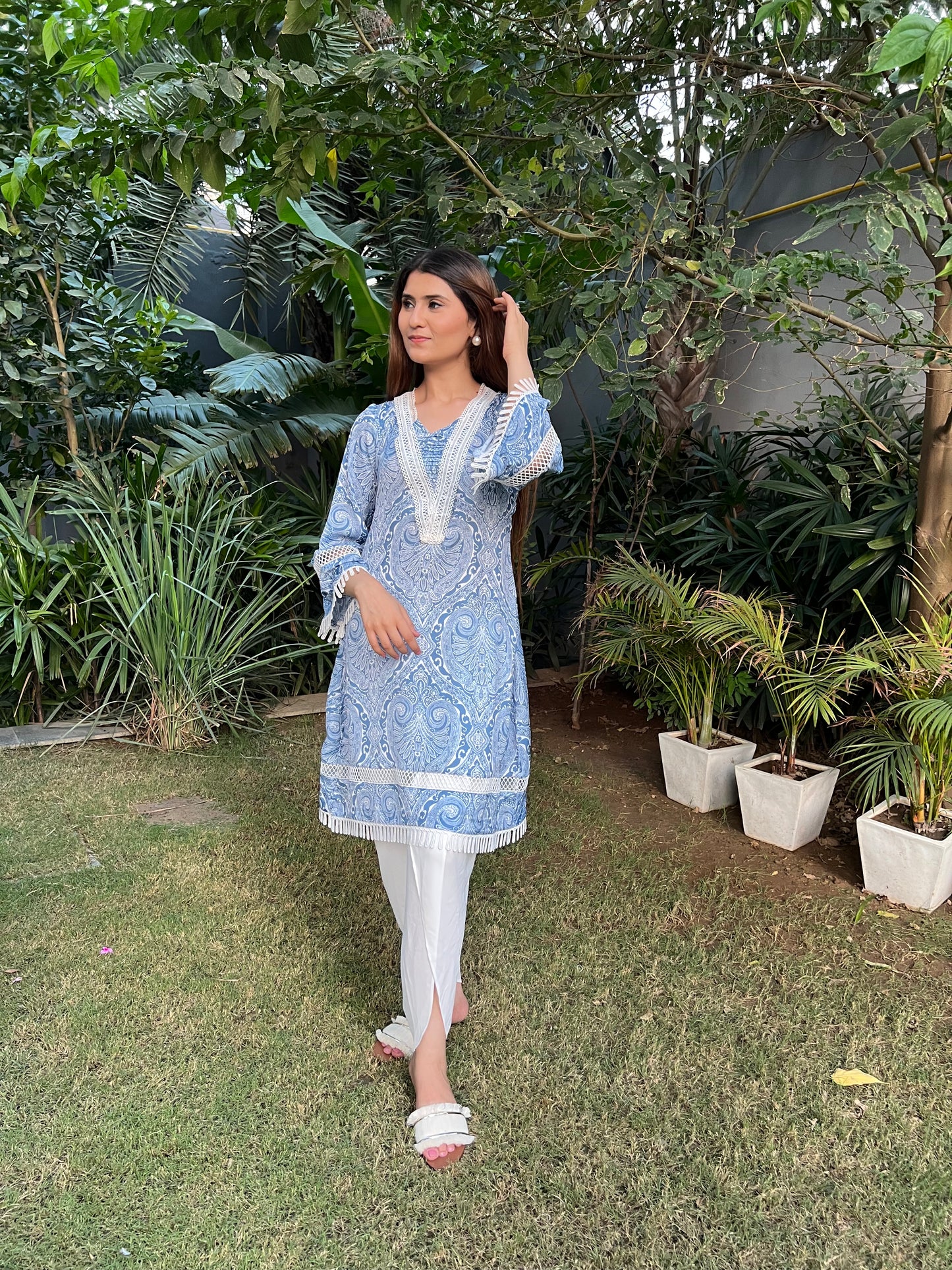Nadia Blue Abstract Print A-line Kurta with trim Detailing with Double Georgette Tulip Pants - Set of 2