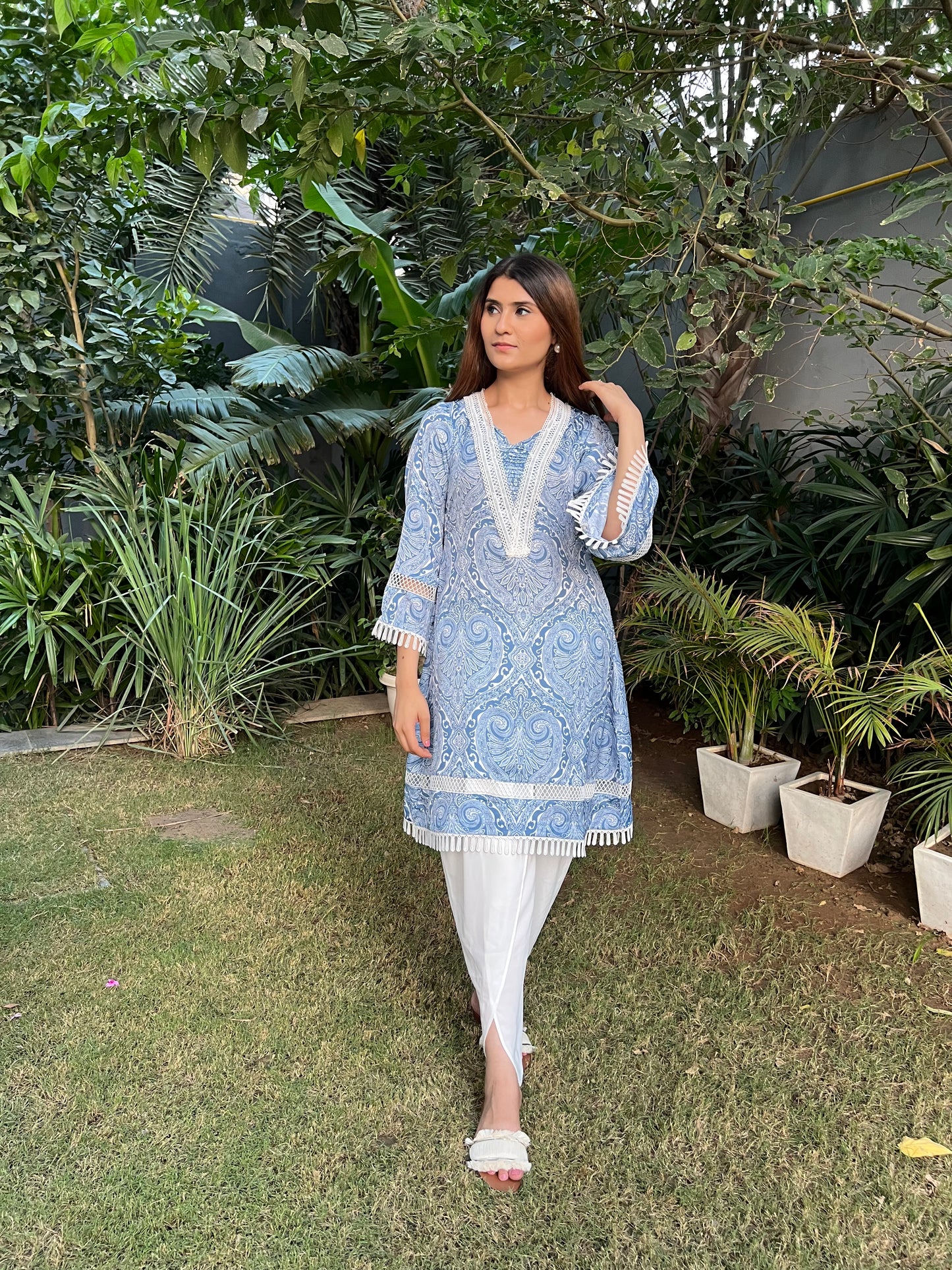 Nadia Blue Abstract Print A-line Kurta with trim Detailing with Double Georgette Tulip Pants - Set of 2