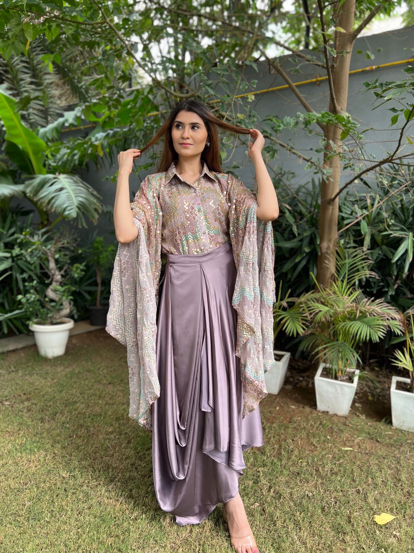 Nazakat Sequence Bandhni work Cape sleeve Shirt with Draped Skirt in Satin - Set of 2