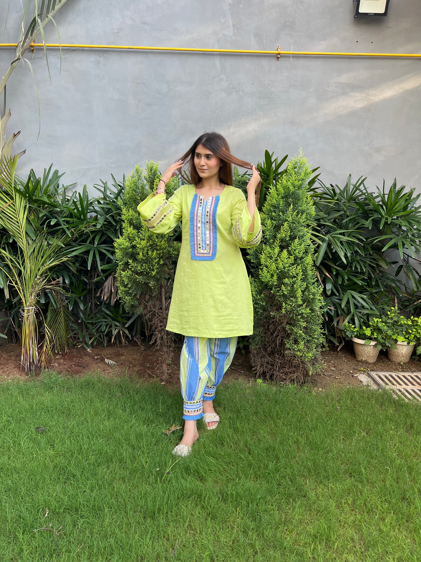 Jhalak A-line Cotton Kurta with Printed Harem Salwar & Dual-tone Dyed Organza Dupatta - Set of 3