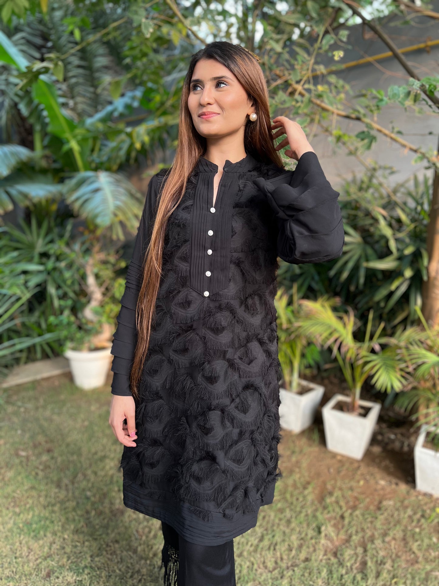 Firdos Textured Fabric Kurta with Georgette hand pleated sleeves and Rayon Straight fit Pants - Set of 2