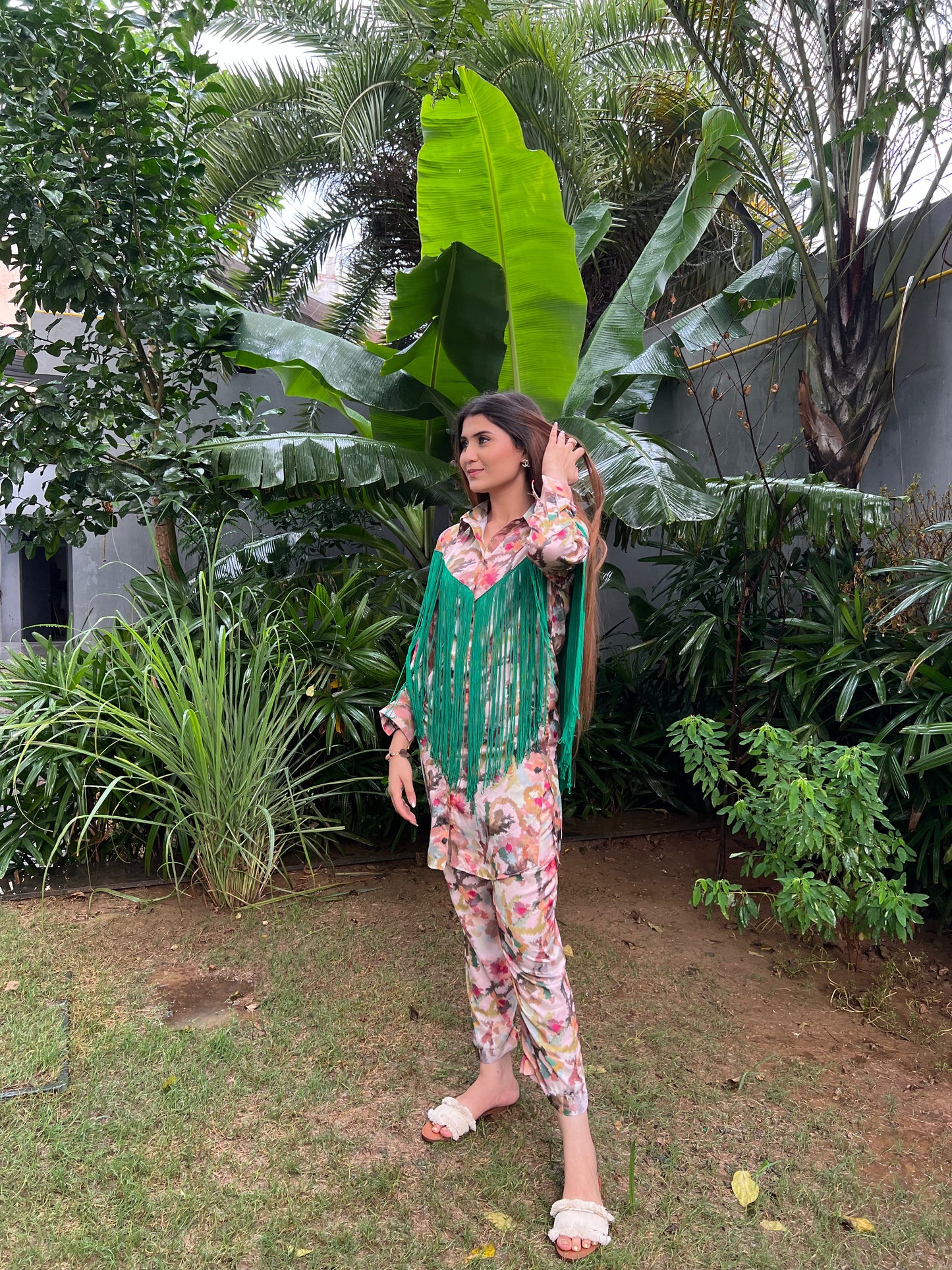 Izhaar Shirt Kurta in Printed Viscose Crepe with Fringe detailing and printed pants - Set of 2