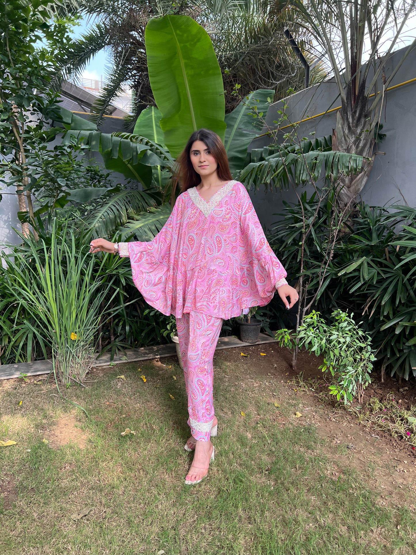 Bahaar Pink Paisley Print Poncho style top with Embroidered pearl neckline and straight fit pants - Set of 2