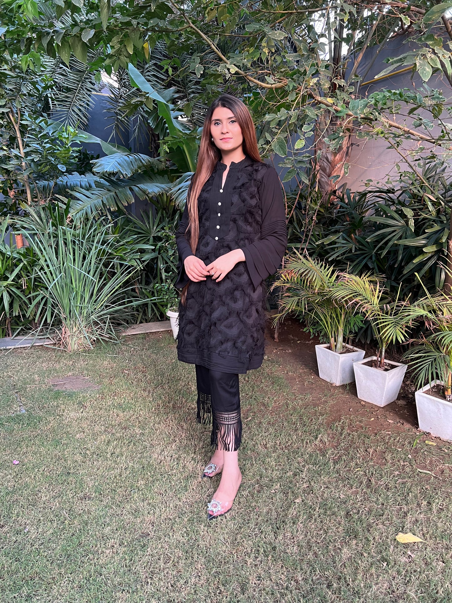 Firdos Textured Fabric Kurta with Georgette hand pleated sleeves and Rayon Straight fit Pants - Set of 2