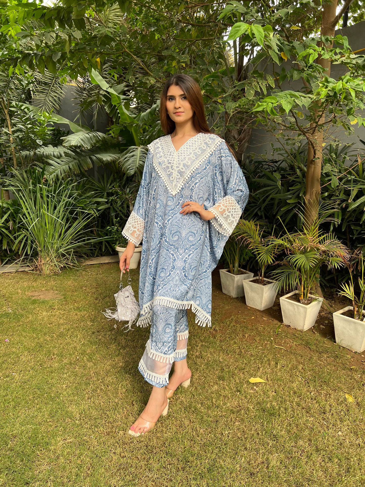 Maira Kaftan Shirt in Printed Viscose Crepe with Organza detailed Palazzo Pants - Set of 2