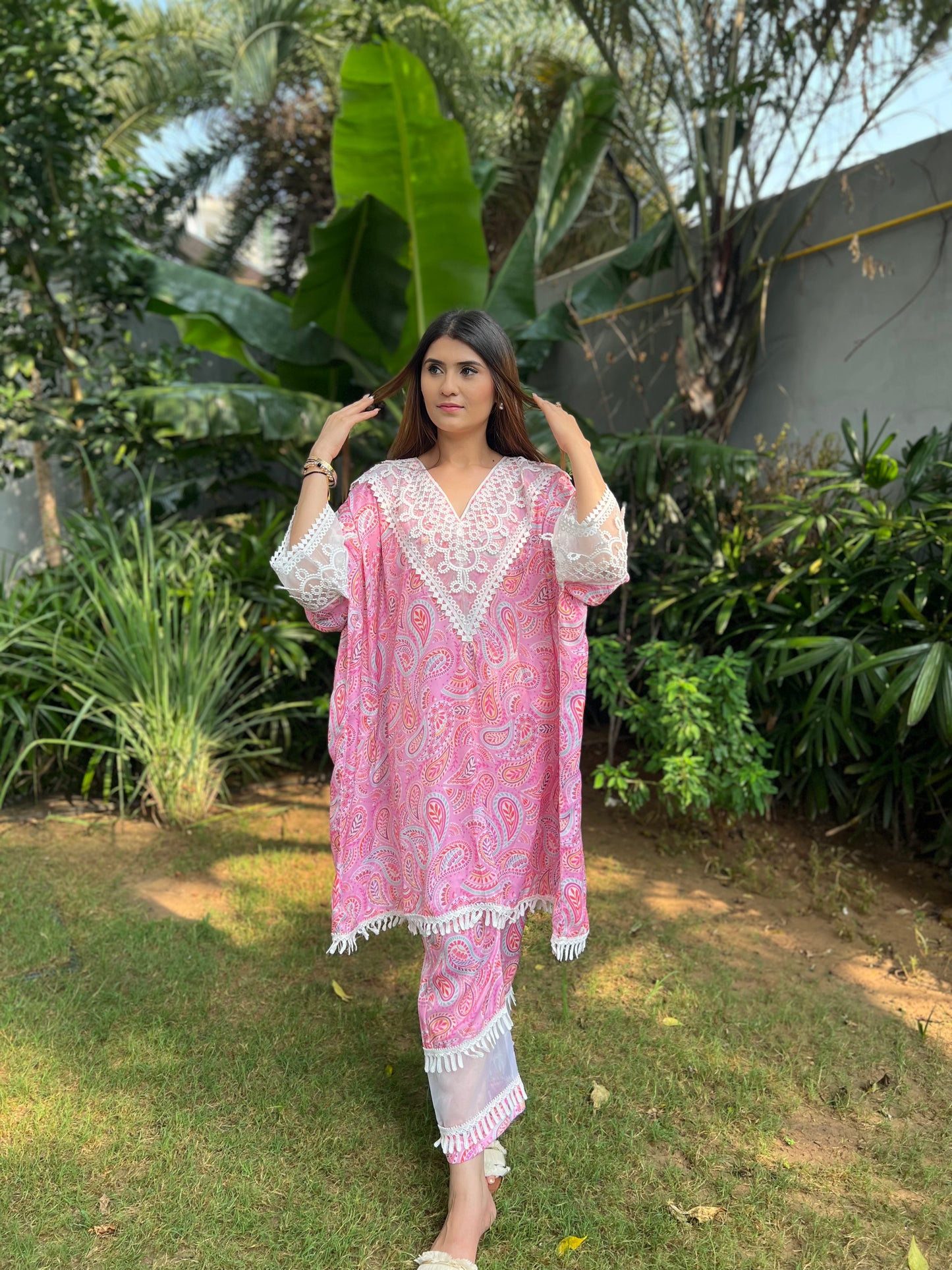 Maira Kaftan Shirt in Printed Viscose Crepe with Organza detailed Palazzo Pants - Set of 2