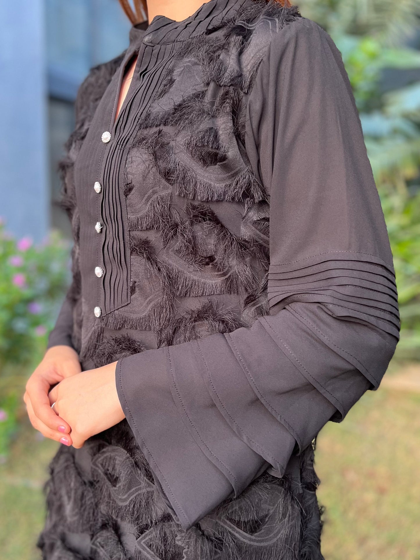 Firdos Textured Fabric Kurta with Georgette hand pleated sleeves and Rayon Straight fit Pants - Set of 2