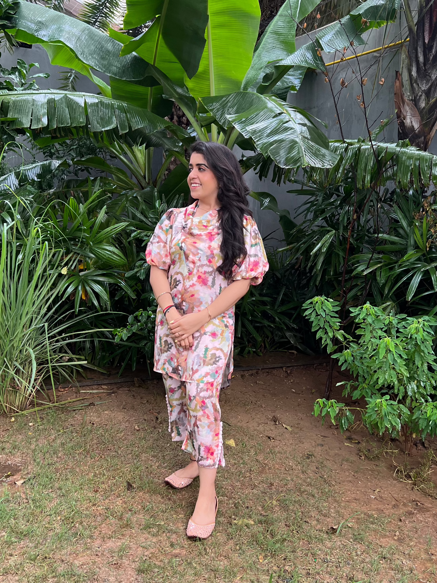 Hana Abstract Floral Print draped cowl neck with Puff sleeves kurta and straight fit pants - Set of 2