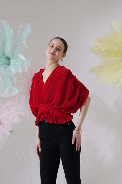 Bellini Pleated Draped Sleeves Peplum Top - Red