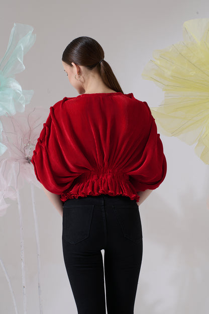 Bellini Pleated Draped Sleeves Peplum Top - Red