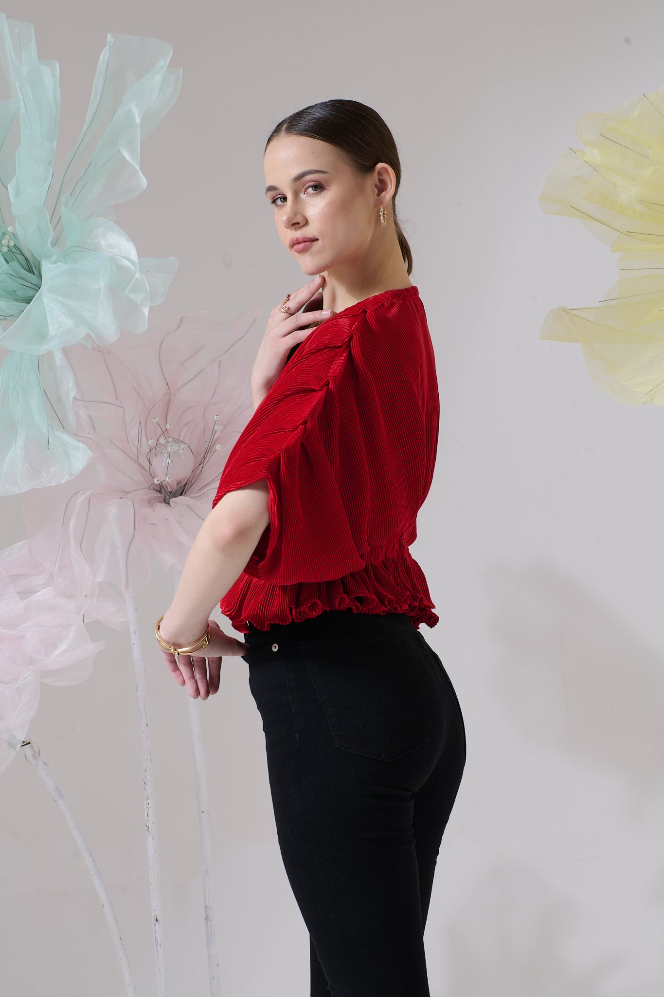 Bellini Pleated Draped Sleeves Peplum Top - Red