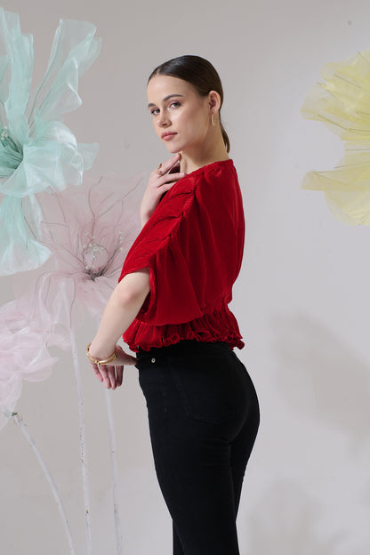 Bellini Pleated Draped Sleeves Peplum Top - Red
