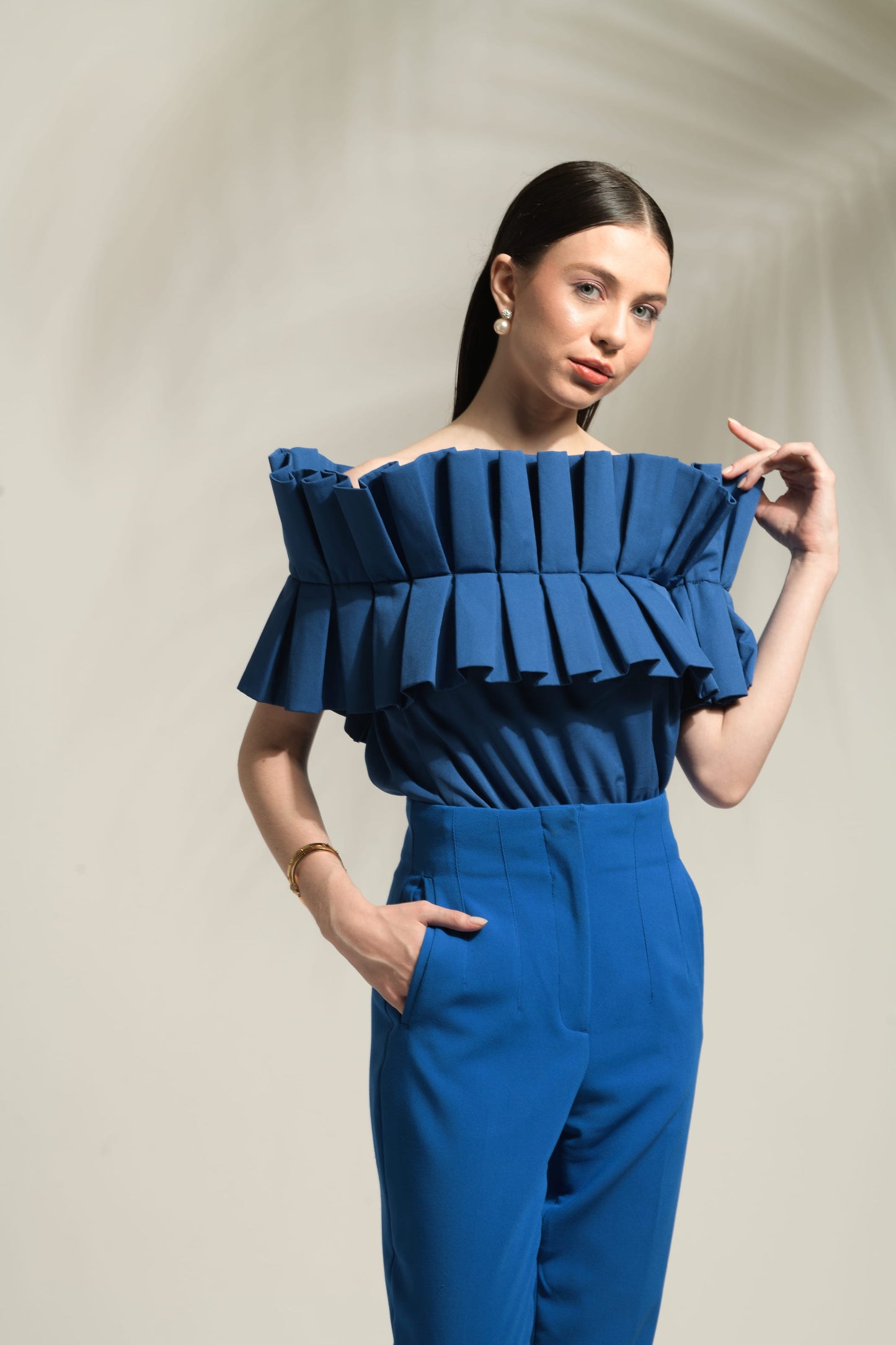 Luxe Pleated Off-Shoulder Top with Straight Fit Pants - Set of 2