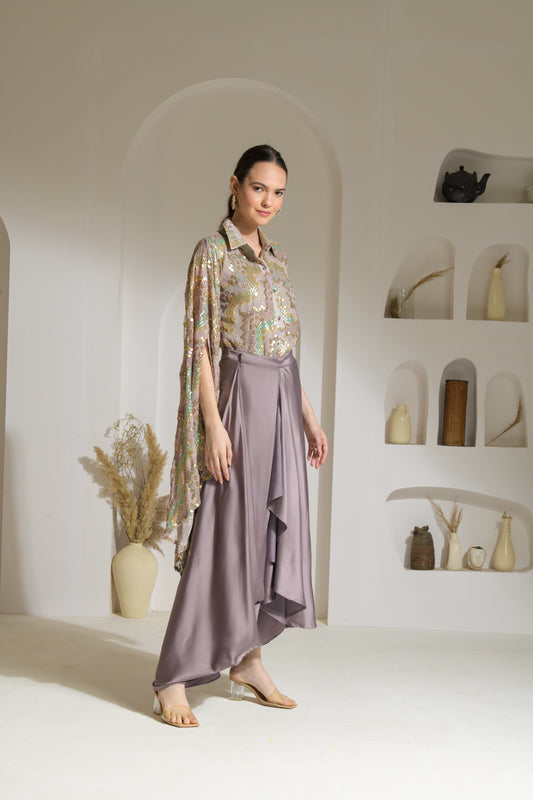 Nazakat Sequence Bandhni work Cape sleeve Shirt with Draped Skirt in Satin - Set of 2