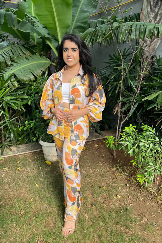 Spritz Relaxed Fit Shirt with Balloon Sleeves and straight fit pants in Printed Viscose Crepe - Set of 2