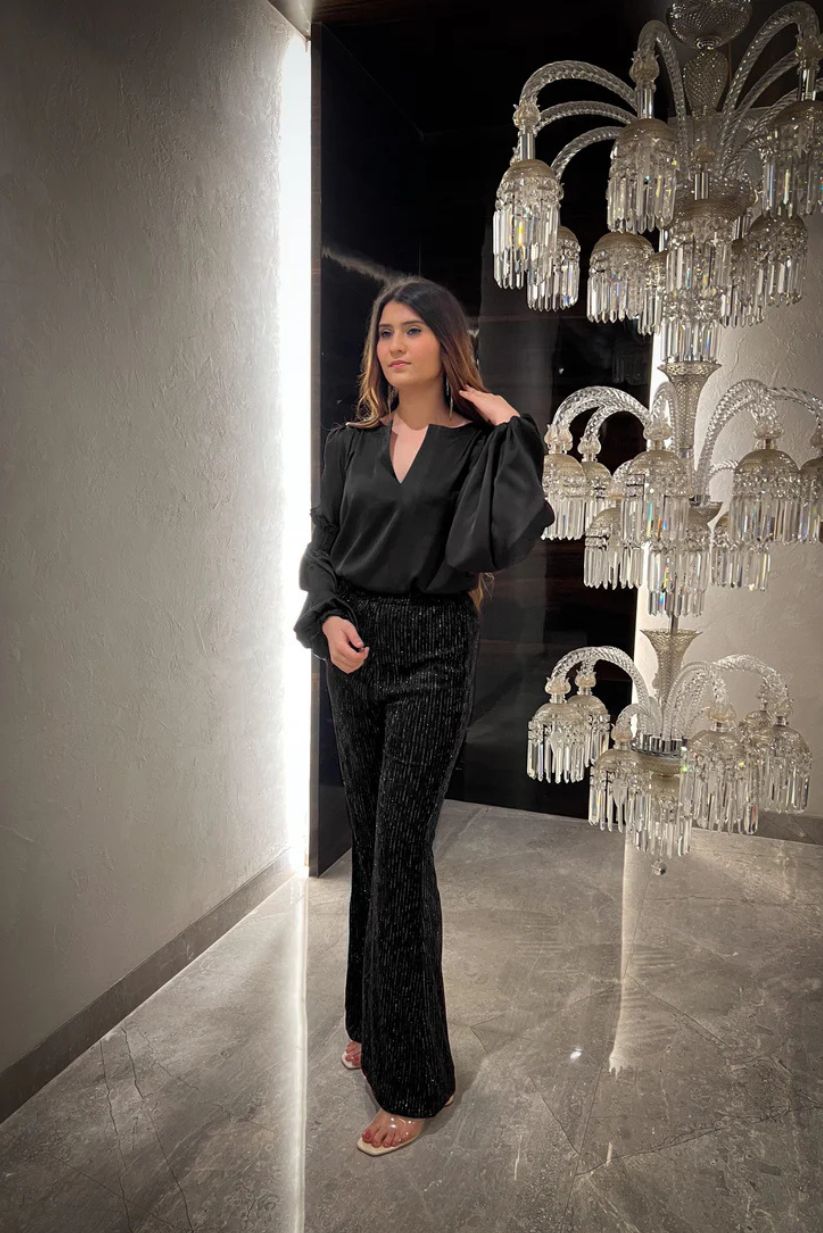 Rosewood Smocked Bishop Sleeve Top with Lurex Velvet Flared Pants - Set of 2
