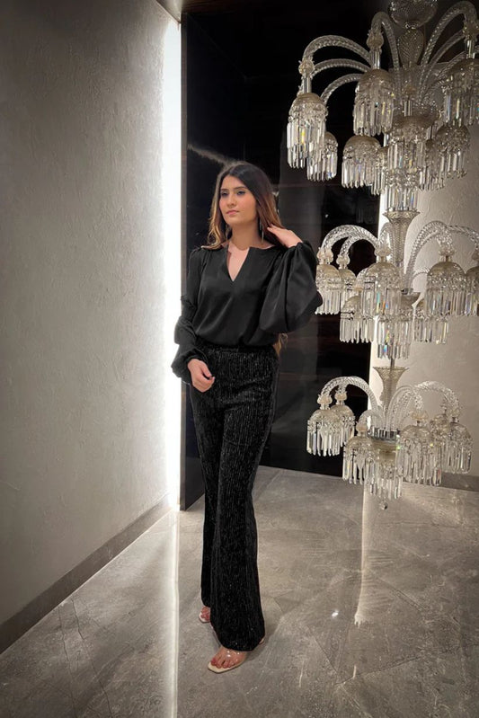 Rosewood Smocked Bishop Sleeve Top with Lurex Velvet Flared Pants - Set of 2