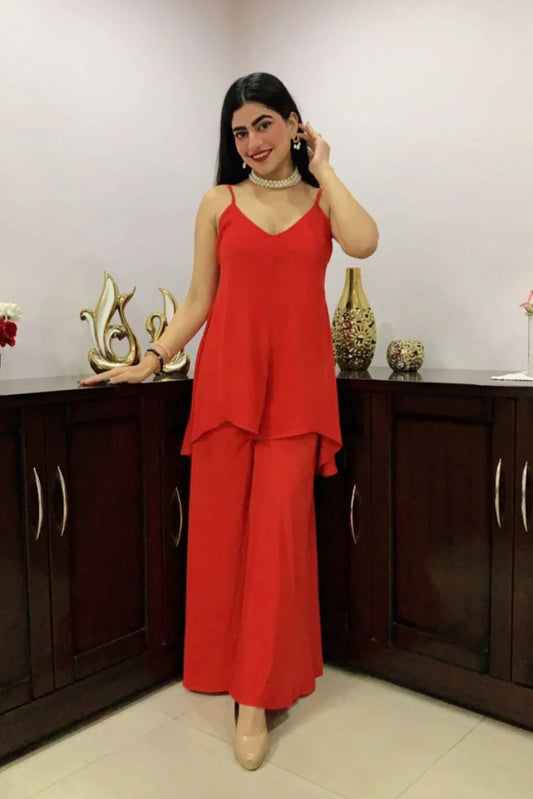 Aster Georgette High-low Panel Jumpsuit ( Red )