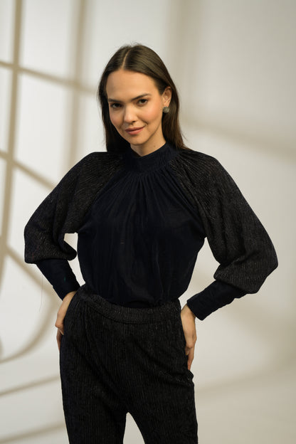 Sapphire Lurex Velvet Raglan Sleeve Top with Lurex velvet Flared Pants - Set of 2