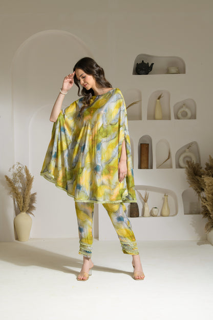 Zia Marble Print 2-way Cape-style Kurta with Pencil Fit Pants - Set of 2