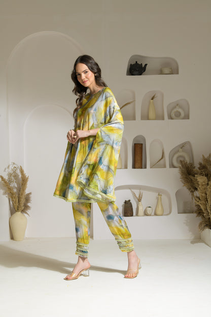 Zia Marble Print 2-way Cape-style Kurta with Pencil Fit Pants - Set of 2